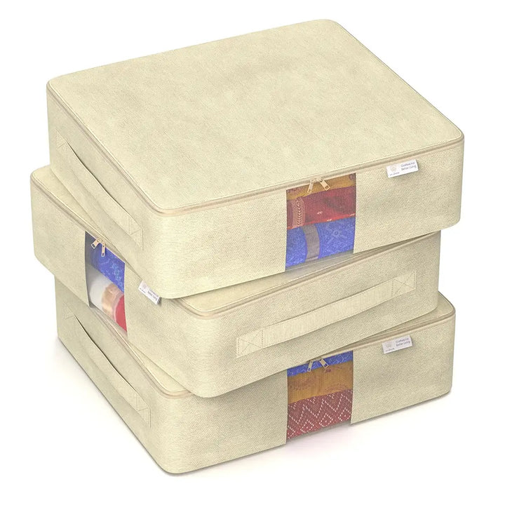 Cotton Canvas Saree Covers with Zip & Transparent Mesh Window - Clothes Storage Bag