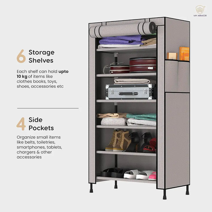 Foldable Multipurpose Wardrobe for Clothes & Storage, Grey - 1 Door