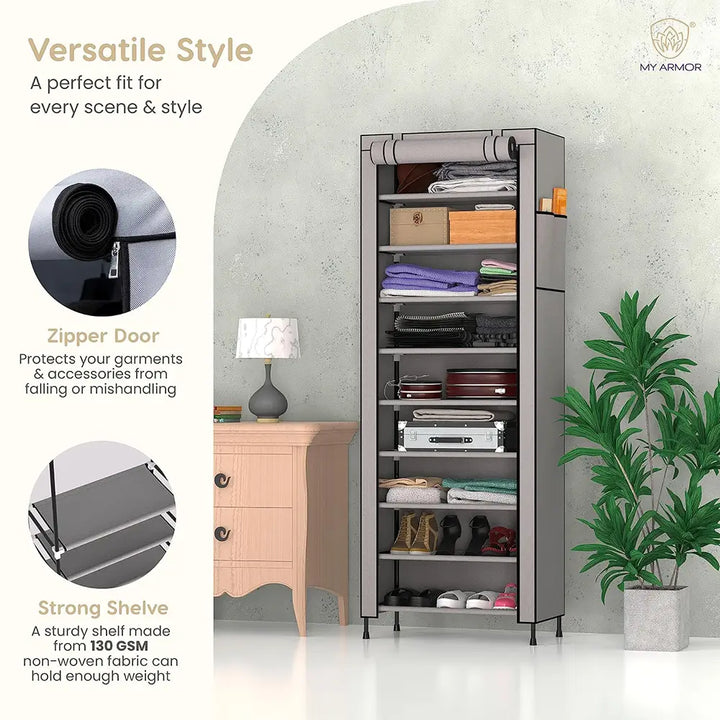 Foldable Multipurpose Wardrobe for Clothes & Storage, Grey - 1 Door