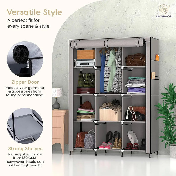 Foldable Multipurpose Wardrobe for Clothes & Storage, Grey - 3 Door