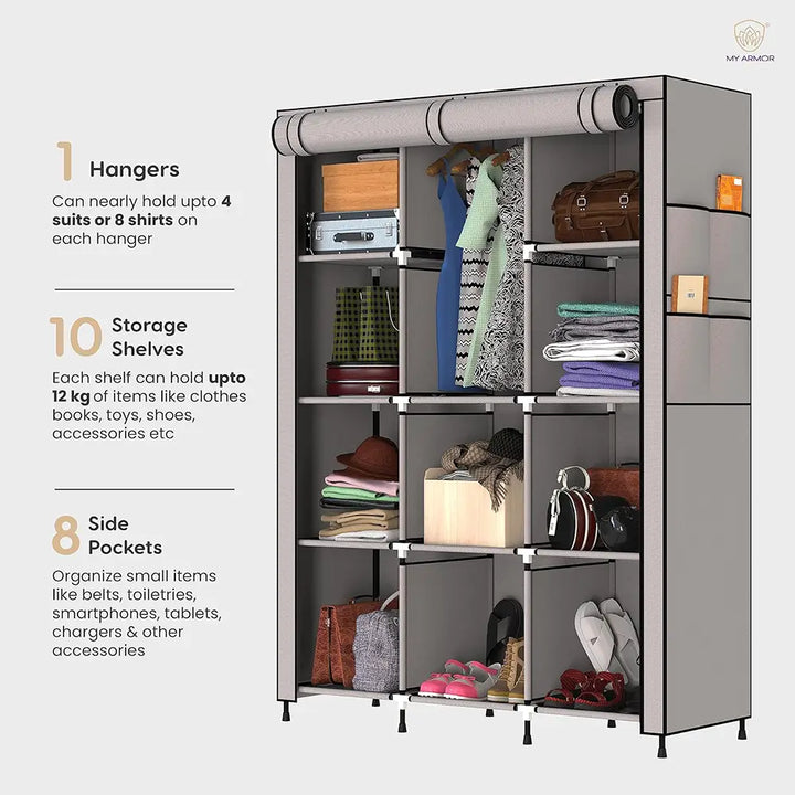 Foldable Multipurpose Wardrobe for Clothes & Storage, Grey - 3 Door