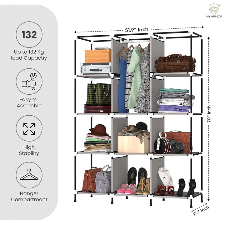 Foldable Multipurpose Wardrobe for Clothes & Storage, Grey - 3 Door