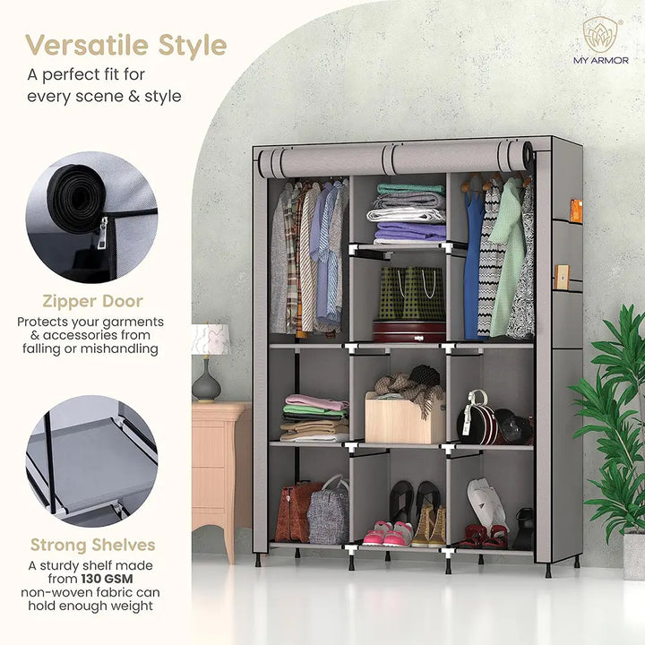 Foldable Multipurpose Wardrobe for Clothes & Storage, Grey - 3 Door