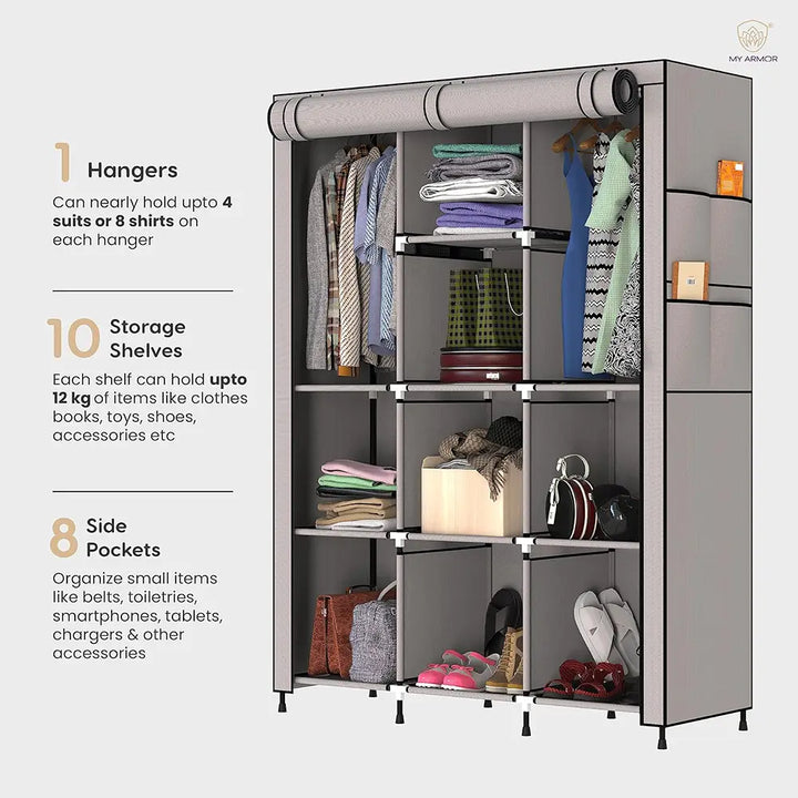 Foldable Multipurpose Wardrobe for Clothes & Storage, Grey - 3 Door