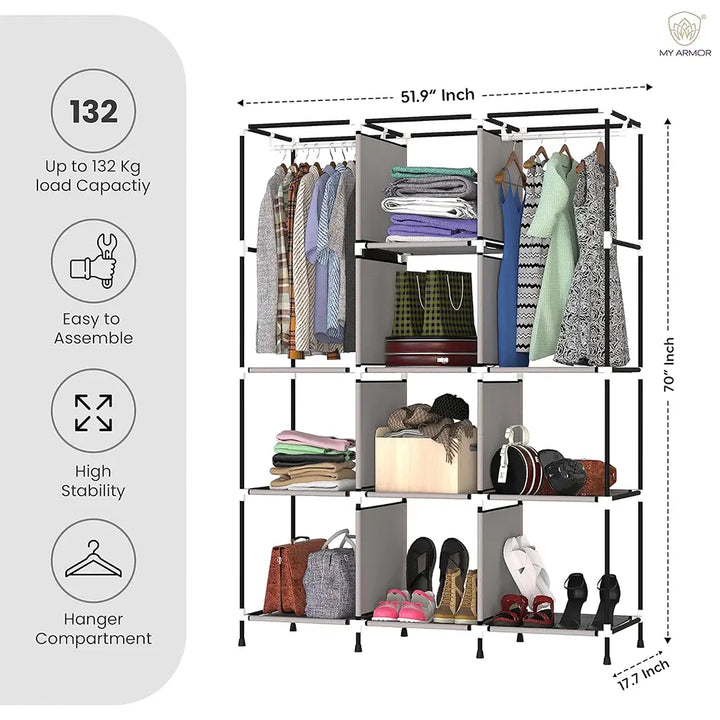 Foldable Multipurpose Wardrobe for Clothes & Storage, Grey - 3 Door