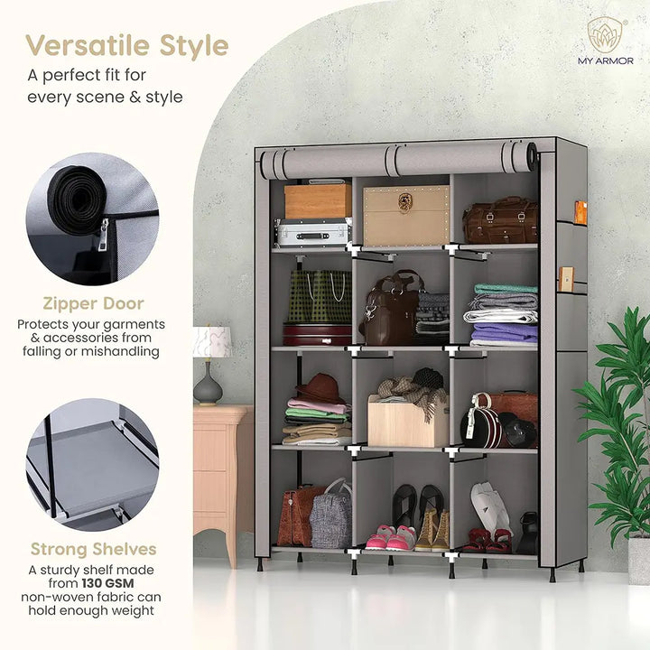 Foldable Multipurpose Wardrobe for Clothes & Storage, Grey - 3 Door