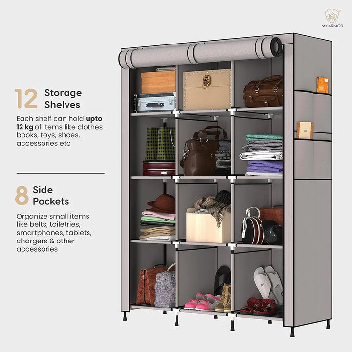 Foldable Multipurpose Wardrobe for Clothes & Storage, Grey - 3 Door