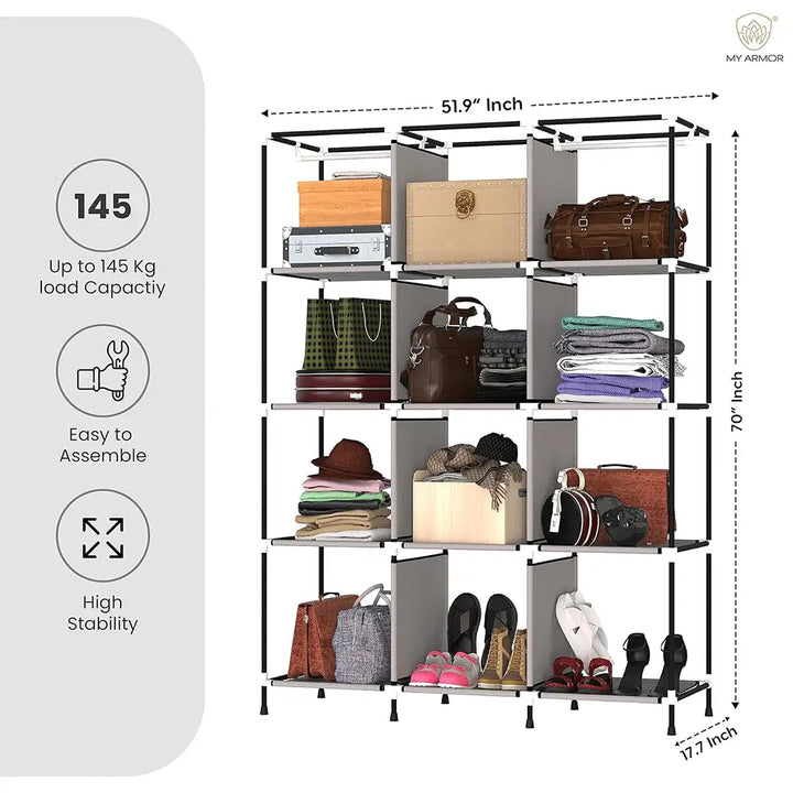 Foldable Multipurpose Wardrobe for Clothes & Storage, Grey - 3 Door