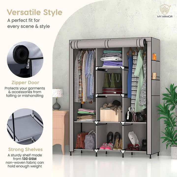 Foldable Multipurpose Wardrobe for Clothes & Storage, Grey - 3 Door