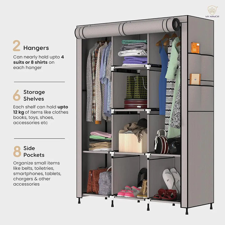 Foldable Multipurpose Wardrobe for Clothes & Storage, Grey - 3 Door