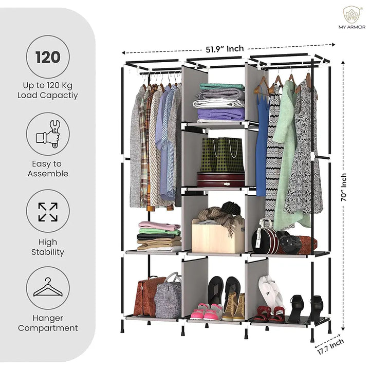 Foldable Multipurpose Wardrobe for Clothes & Storage, Grey - 3 Door