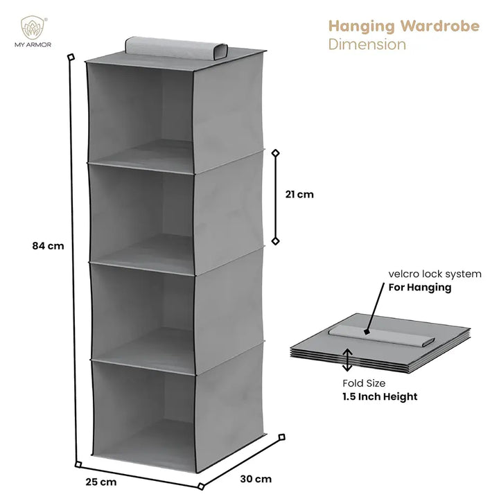 Hanging Shelf Cloth Storage Organizer, Grey - 4 Tier