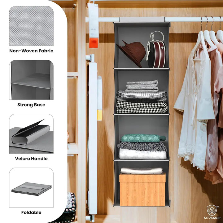 Hanging Shelf Cloth Storage Organizer, Grey - 4 Tier