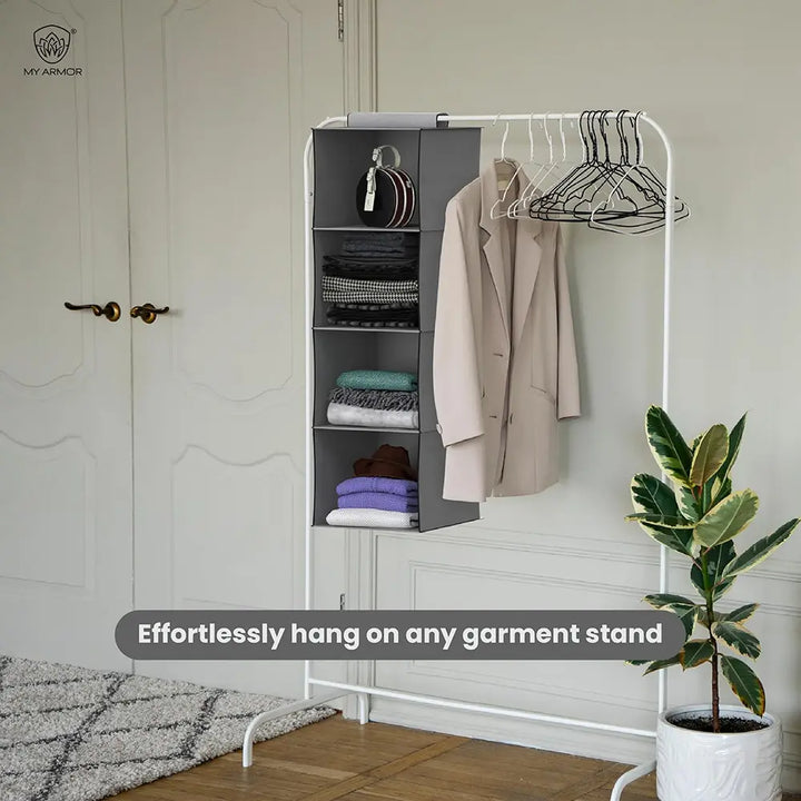 Hanging Shelf Cloth Storage Organizer, Grey - 4 Tier